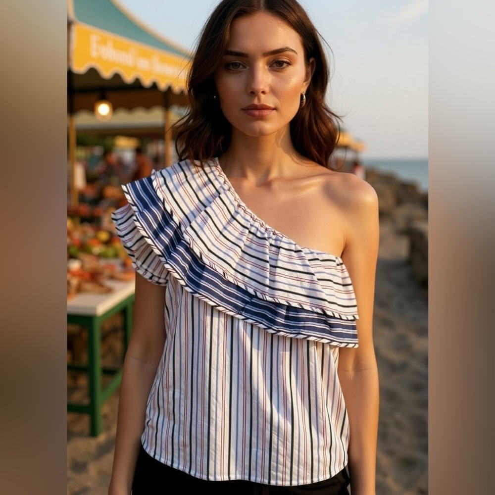Parker Striped One-Shoulder Top - Blue, Pink, White - Picture 1 of 2